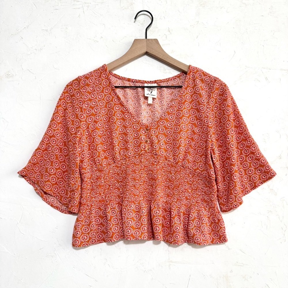 3/$20 Self Esteem Orange Floral Peplum V-Neck Blouse L